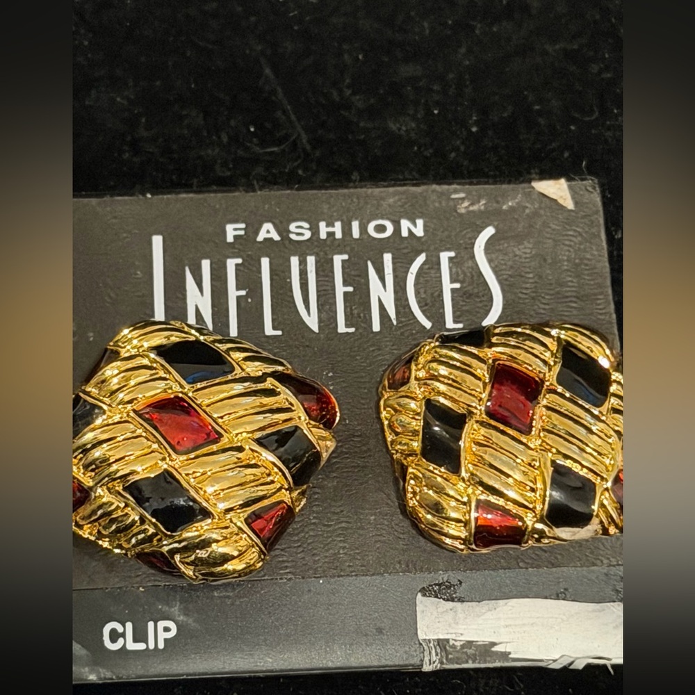 Gold Tone Clip-On Earrings with Red and Black Inlay
